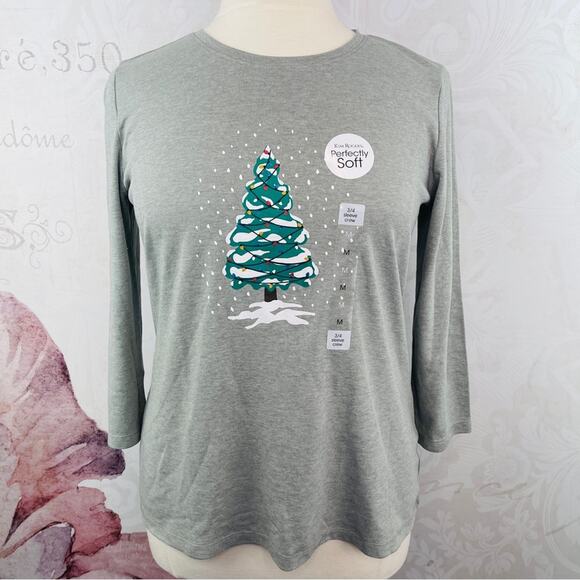 Kim Rogers Perfectly Soft Christmas Tree Grey T-shirt MEDIUM NWT - Picture 1 of 6
